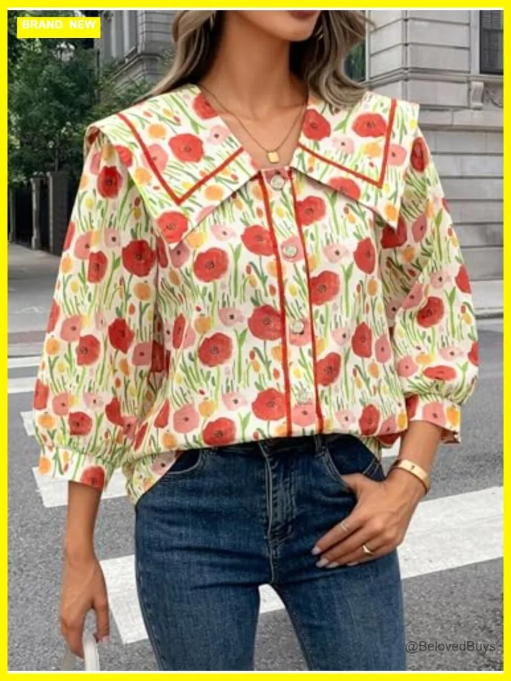 Floral Button Down Blouse 3/4 Sleeve Peter Pan Collar Cotton - Picture 5 of 7